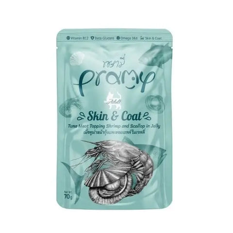 Pramy Jöle İçinde Karidesli Deniz Taraklı ve Ton Balıklı Pouch Yetişkin Konserve Kedi Maması 70 Gr