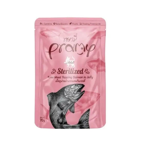 Pramy Sterilized Jöle İçinde Somonlu ve Ton Balıklı Pouch Kısır Konserve Kedi Maması 70 Gr