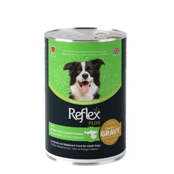 Reflex Plus Sos İçinde Beyaz Balıklı ve Tatlı Patatesli Yetişkin Konserve Köpek Maması 400 Gr